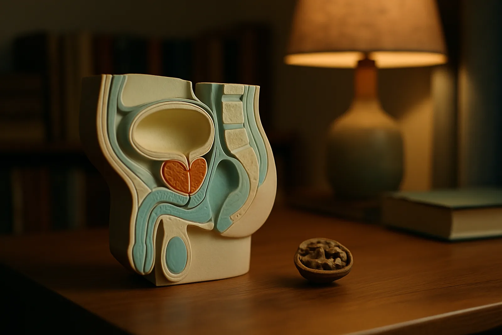 Anatomický model mužskej panvy z boku: močový mechúr, pod ním prostata veľkosti orecha, cez ktorú prechádza močová rúra, za ňou konečník, vedľa polovica vlašského orecha